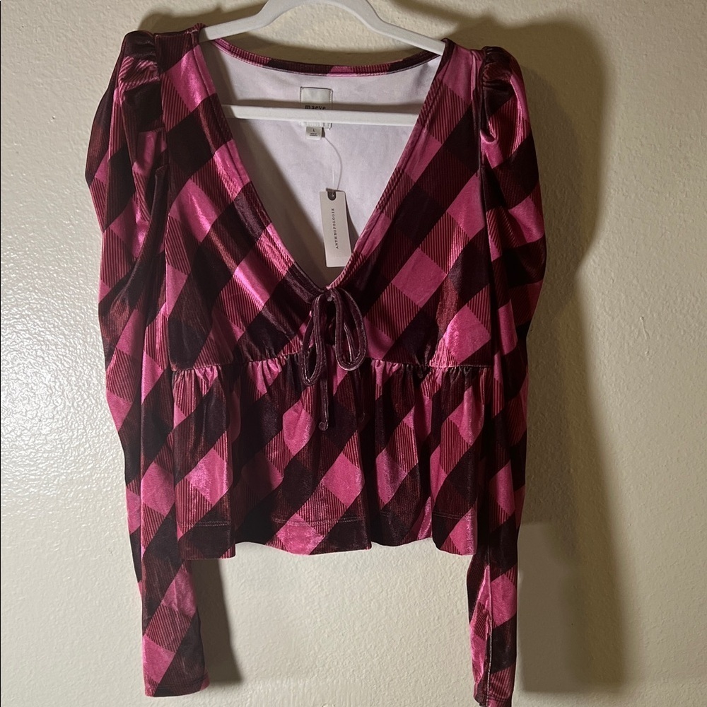 Anthropologie Pink and Brown Checkered Blouse size L